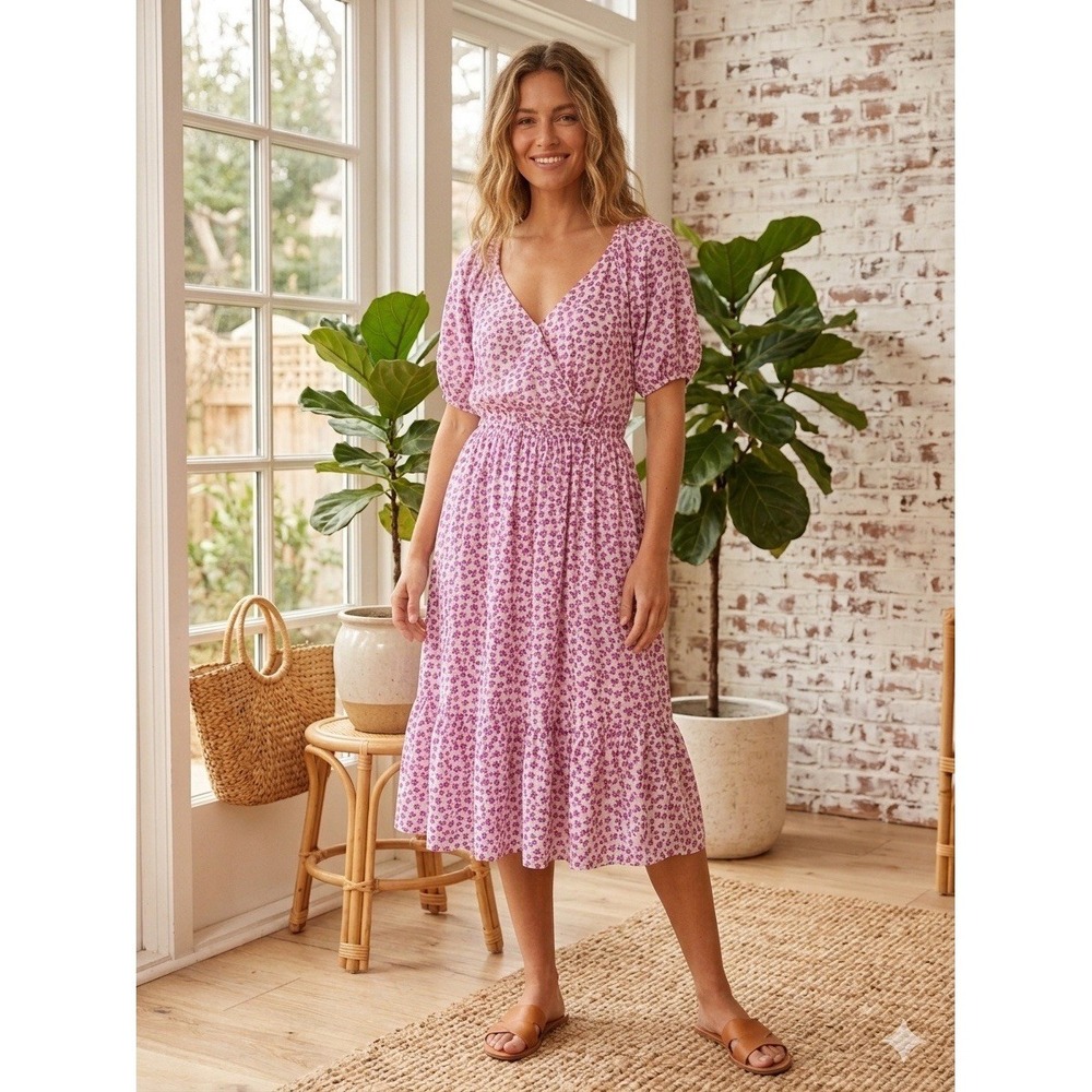 Women's Sienna Sky Pink White Purple Floral Puff Sleeve Midi Fit & Flare Dress M